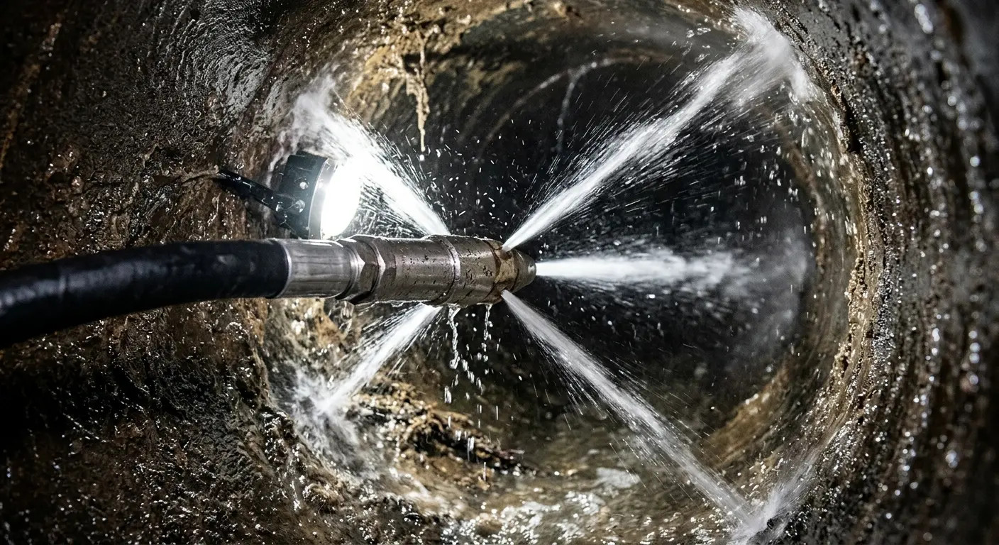 High-pressure hydro jetting nozzle cleaning sewer pipe for Trenchless Sewer Repair in Southeast Arcadia