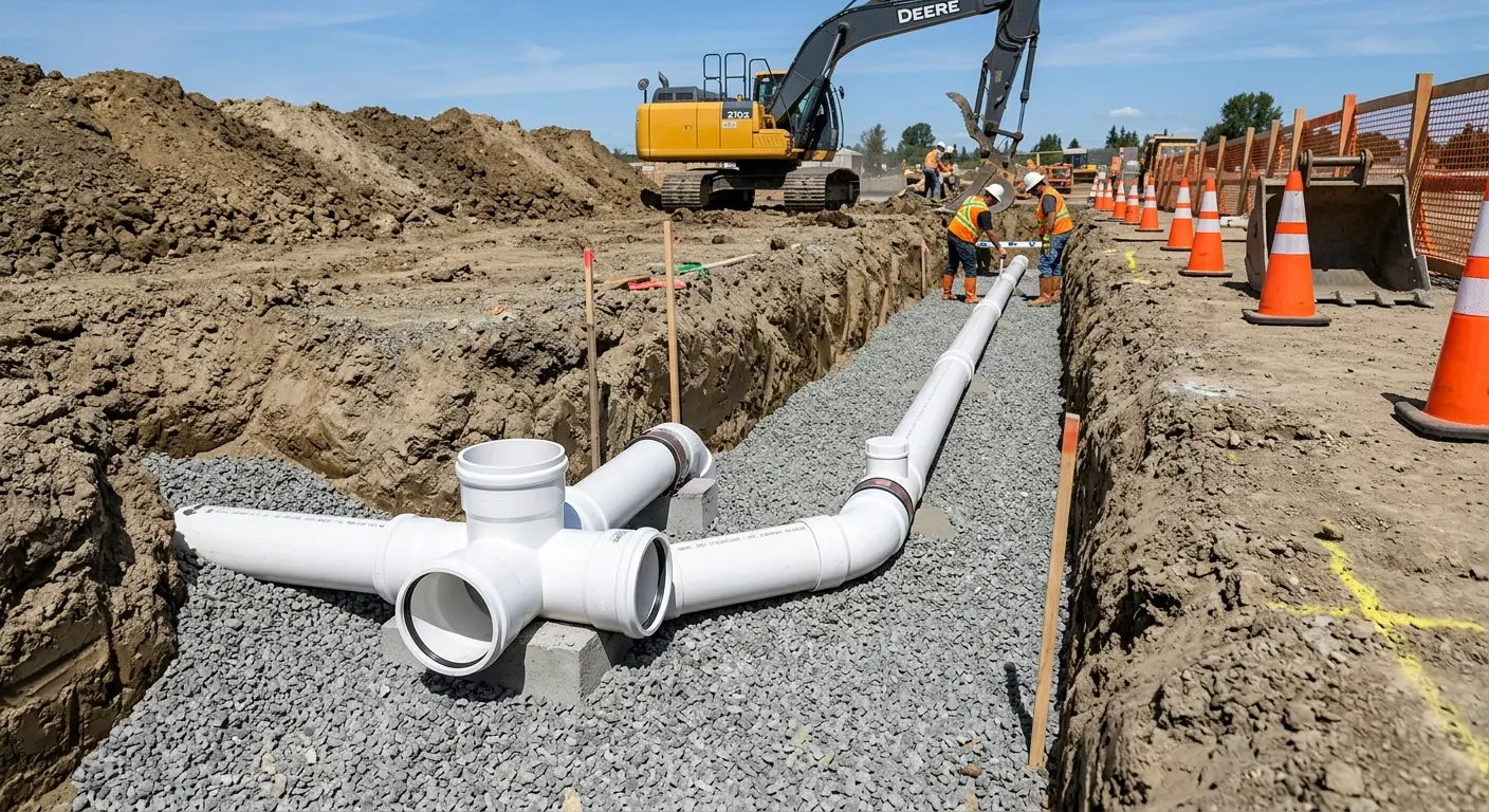 New PVC sewer pipe installation in open trench for Sewer Camera Inspection in Southeast Arcadia