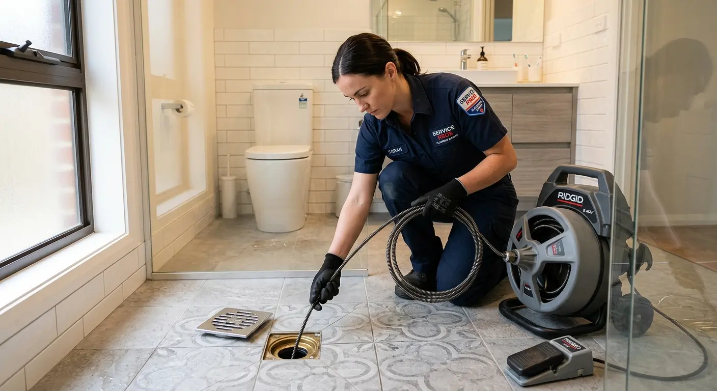 Technician clearing a bathroom floor drain for Drain Cleaning in Southeast Arcadia
